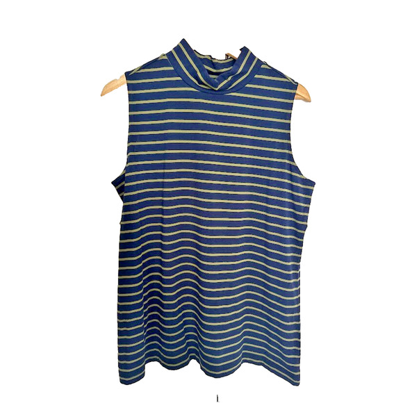 Susan Graver Weekend Size L Navy Striped Sleeveless Liquid Knit Mock-Neck Top - Picture 1 of 7